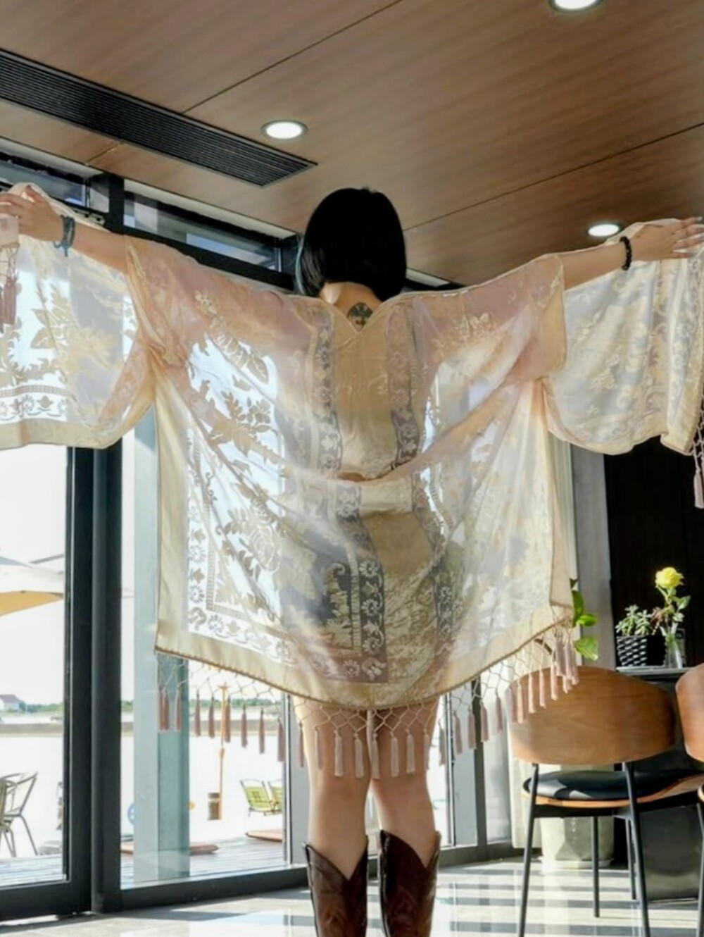 Crushin' On You Velvet Sheer Floral Fringe Kimono Wrap - Beige & Hints Of Peach